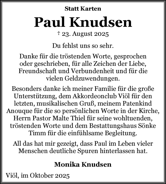 Traueranzeige von Paul Knudsen von Husumer Nachrichten, Nordfriesland Tageblatt
