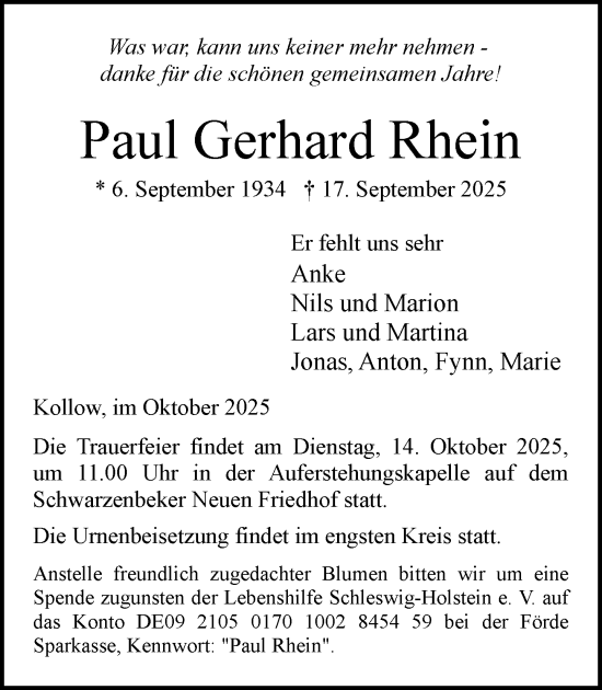 Traueranzeige von Paul Gerhard Rhein von Wochenend Anzeiger