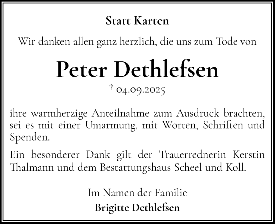 Traueranzeige von Peter Dethlefsen von Eckernförder Zeitung, Hallo Eckernförde
