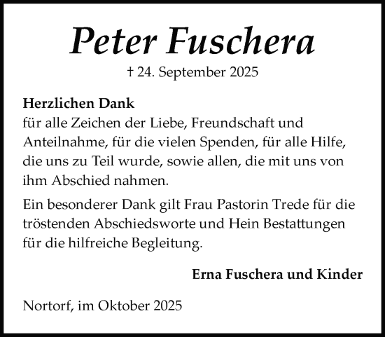 Traueranzeige von Peter Fuschera von Schleswig-Holsteinische Landeszeitung