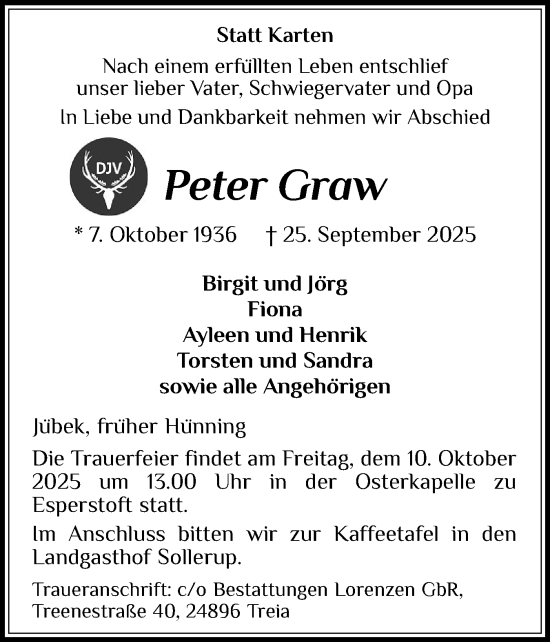 Traueranzeige von Peter Graw von Region Flensburg