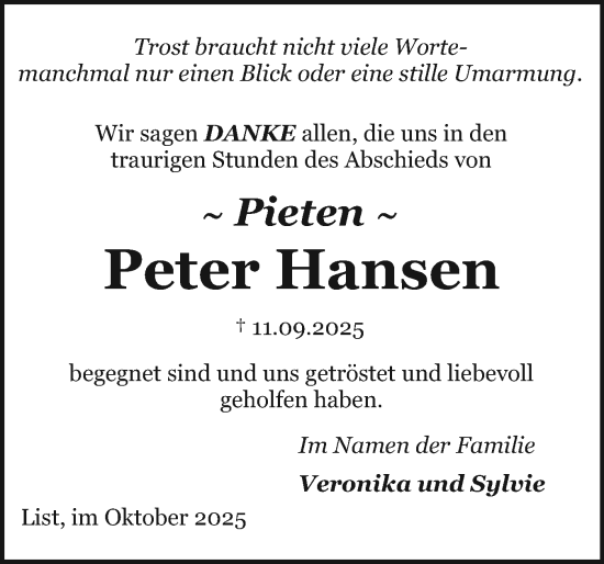 Traueranzeige von Peter Hansen von Sylter Rundschau