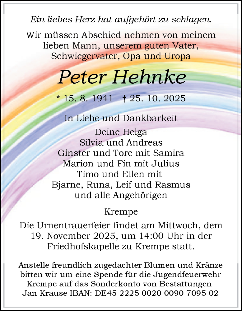  Traueranzeige für Peter Hehnke vom 01.11.2025 aus Norddeutsche Rundschau, Wilstersche Zeitung, Glückstädter Fortuna