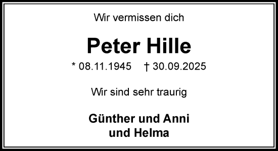 Traueranzeige von Peter Hille von MARKT Ahrensburg/Bargteheide/Trittau und Stormarner Tageblatt