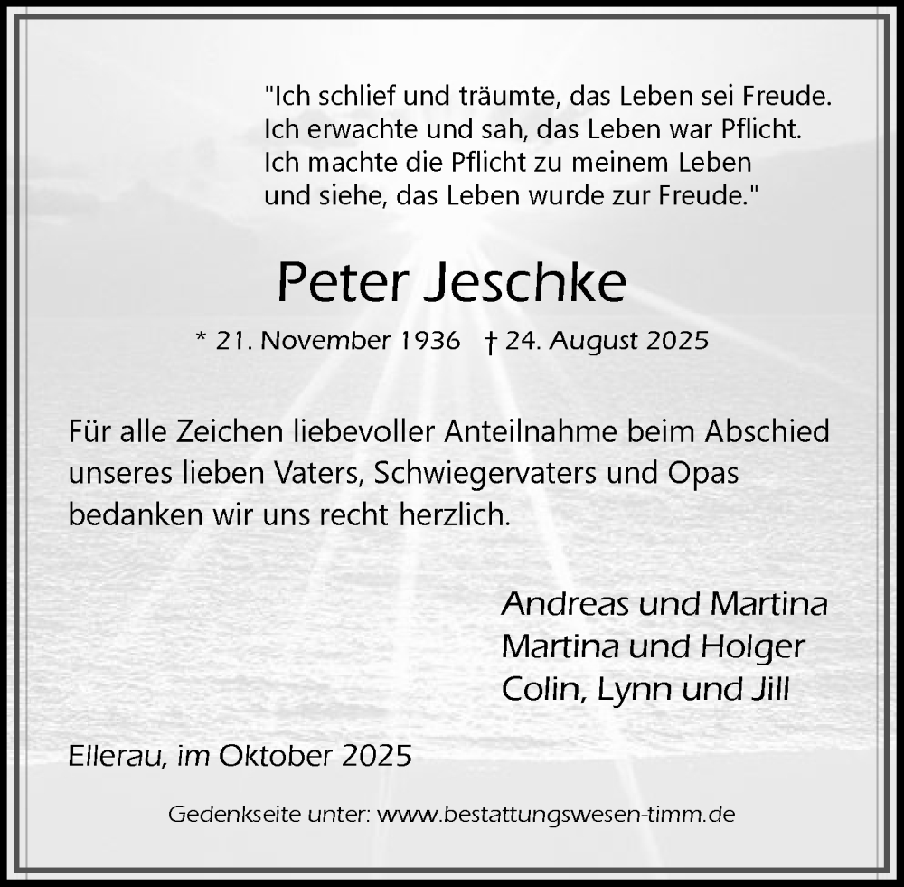  Traueranzeige für Peter Jeschke vom 04.10.2025 aus Umschau