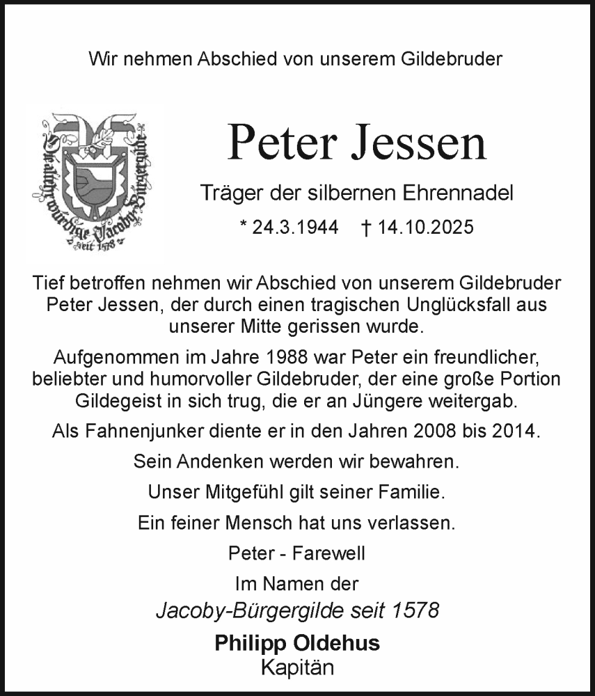  Traueranzeige für Peter Jessen vom 18.10.2025 aus Holsteinischer Courier