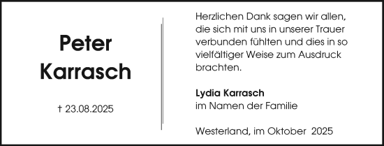 Traueranzeige von Peter Karrasch von Sylter Rundschau