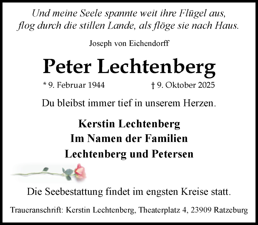  Traueranzeige für Peter Lechtenberg vom 18.10.2025 aus MARKT Ratzeburg/Mölln