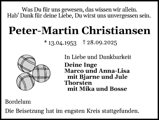 Traueranzeige von Peter-Martin Christiansen von Husumer Nachrichten, Nordfriesland Tageblatt