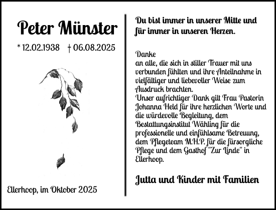 Traueranzeige von Peter Münster von Region Pinneberg und tip Pinneberg