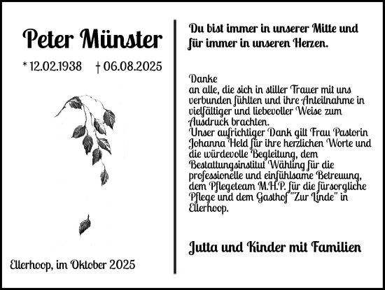 Traueranzeige von Peter Münster von Elmshorner Nachrichten, Barmstedter Zeitung