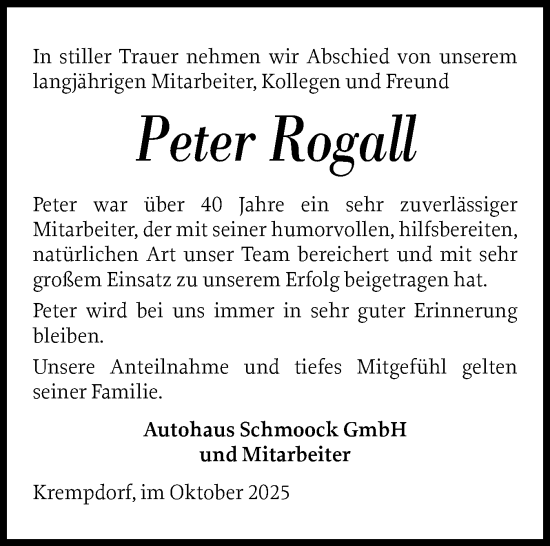 Traueranzeige von Peter Rogall von Norddeutsche Rundschau, Wilstersche Zeitung, Glückstädter Fortuna