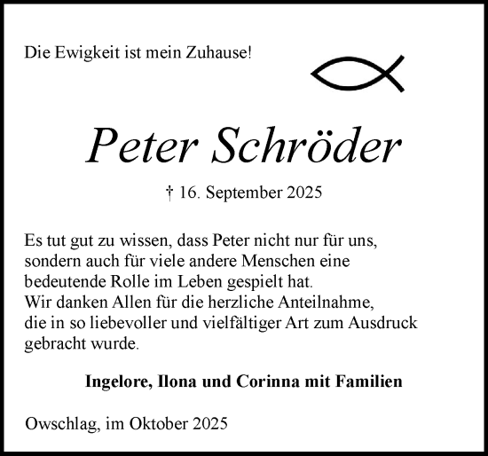 Traueranzeige von Peter Schröder von Schleswig-Holsteinische Landeszeitung