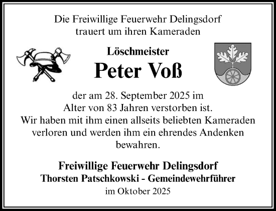 Traueranzeige von Peter Voß von MARKT Ahrensburg/Bargteheide/Trittau und Stormarner Tageblatt
