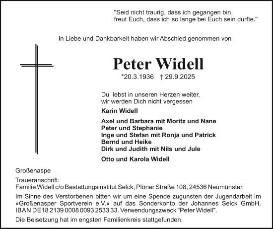 Traueranzeige von Peter Widell von Holsteinischer Courier