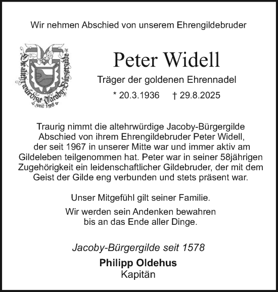 Traueranzeige von Peter Widell von Holsteinischer Courier
