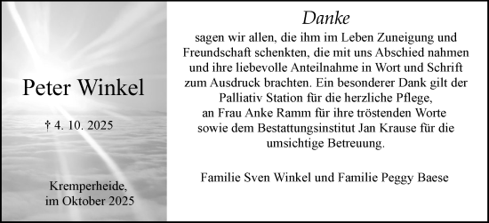 Traueranzeige von Peter Winkel von Norddeutsche Rundschau, Wilstersche Zeitung, Glückstädter Fortuna
