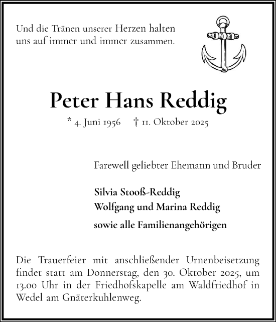 Traueranzeige von Peter Hans Reddig von Wedel-Schulauer Tageblatt, tip Wedel-Schulauer Tageblatt, tip Rissener Rundschau