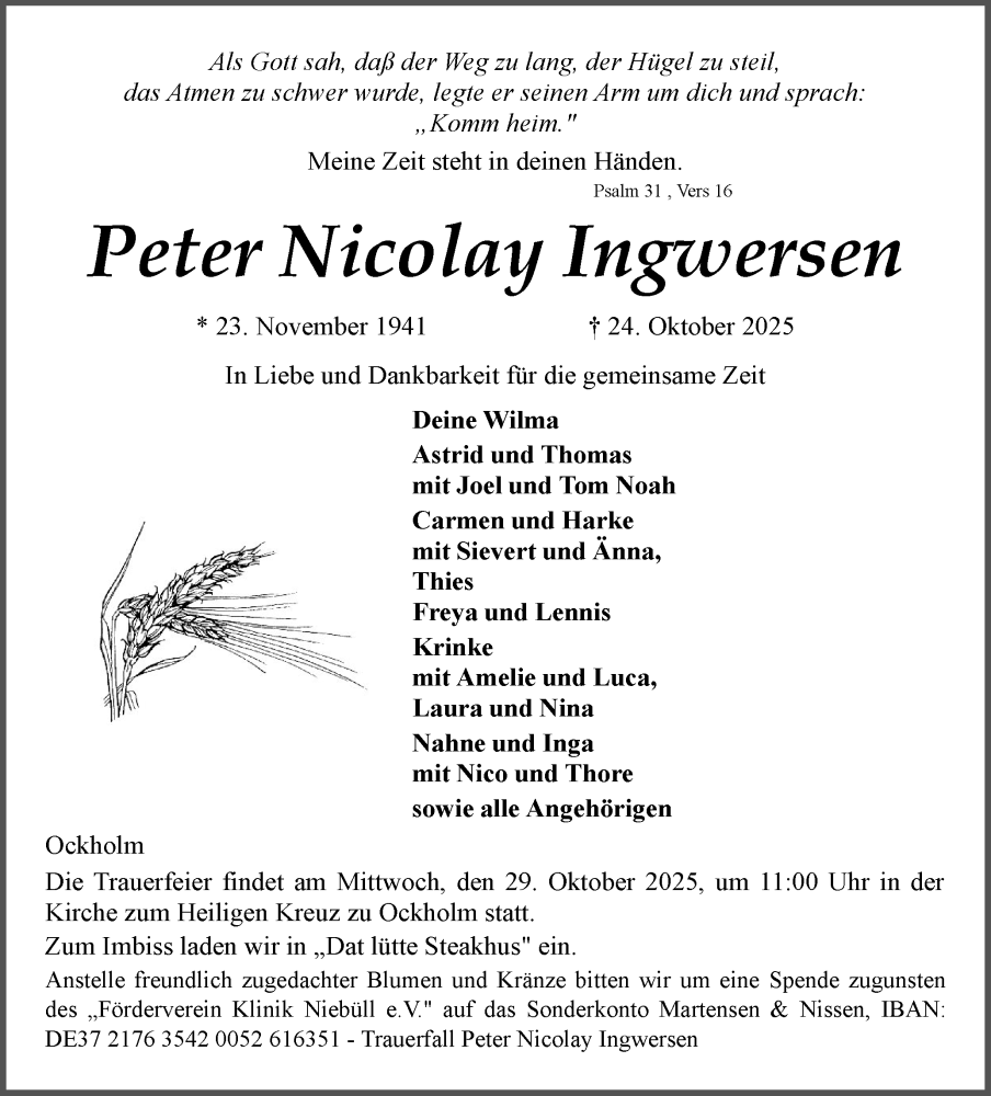  Traueranzeige für Peter Nicolay Ingwersen vom 28.10.2025 aus Husumer Nachrichten, Nordfriesland Tageblatt