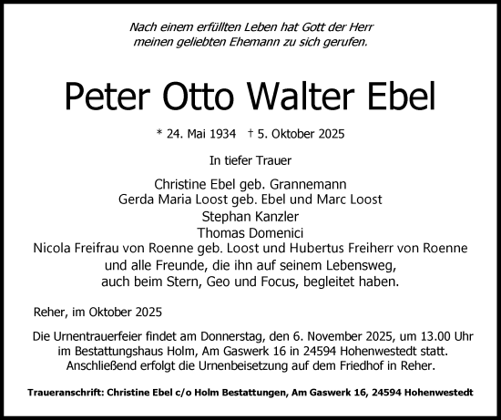 Traueranzeige von Peter Otto Walter Ebel von Schleswig-Holsteinische Landeszeitung
