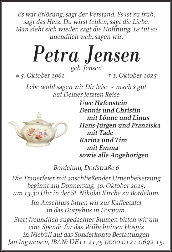 Traueranzeige von Petra Jensen von Husumer Nachrichten, Nordfriesland Tageblatt
