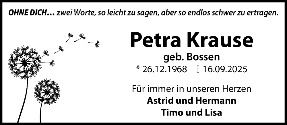  Traueranzeige für Petra Krause vom 04.10.2025 aus Wochenend Anzeiger