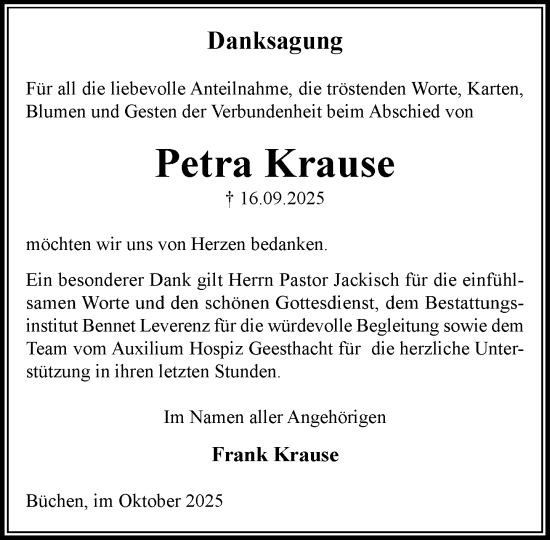 Traueranzeige von Petra Krause von Wochenend Anzeiger