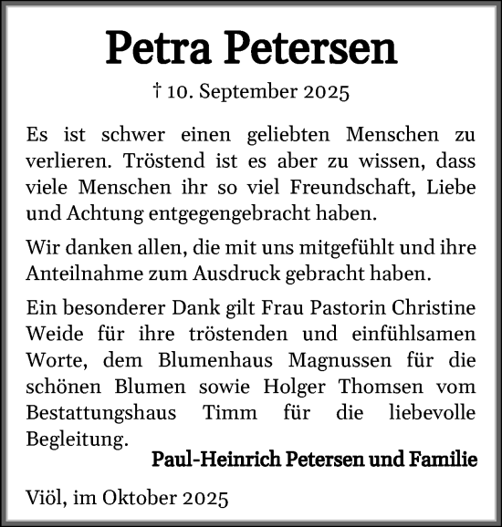 Traueranzeige von Petra Petersen von Husumer Nachrichten, Nordfriesland Tageblatt