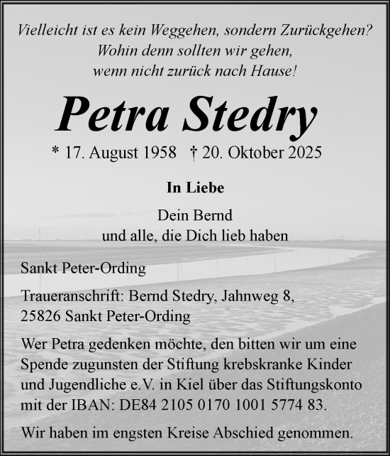 Traueranzeige von Petra Stedry von Husumer Nachrichten, Nordfriesland Tageblatt