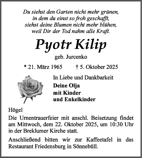 Traueranzeige von Pyotr Kilip von Husumer Nachrichten, Nordfriesland Tageblatt