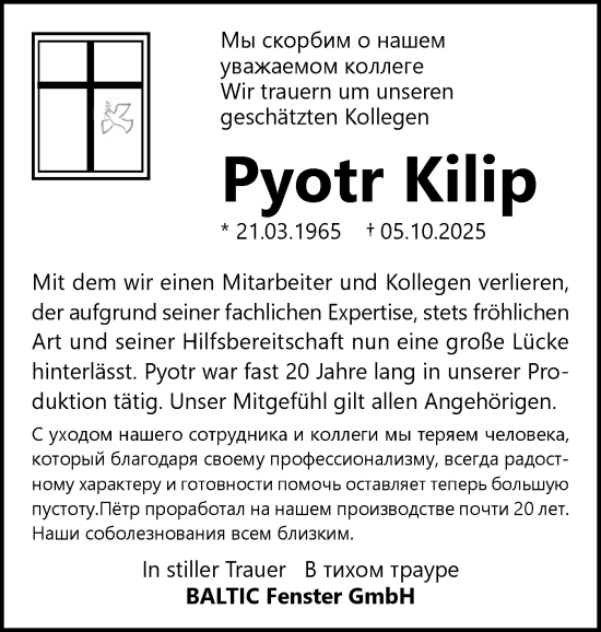 Traueranzeige von Pyotr Kilip von Schleswigholsteiner Zeitung Trauer