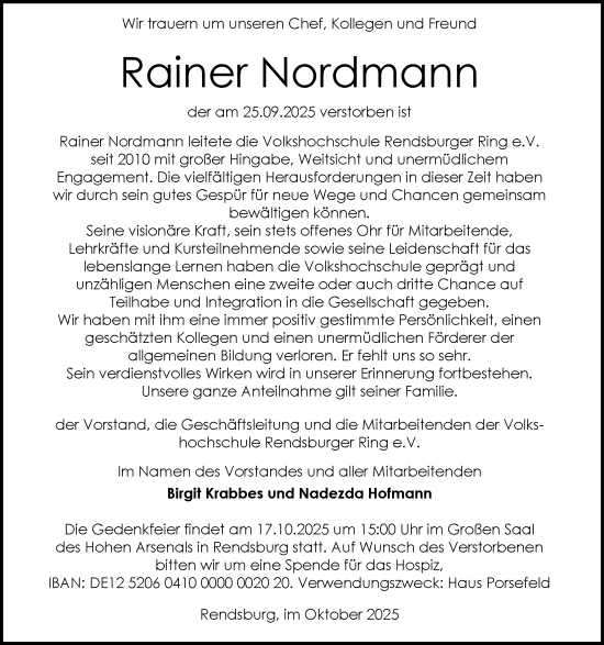 Traueranzeige von Rainer Nordmann von Schleswig-Holsteinische Landeszeitung