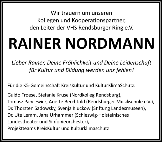 Traueranzeige von Rainer Nordmann von Schleswig-Holsteinische Landeszeitung