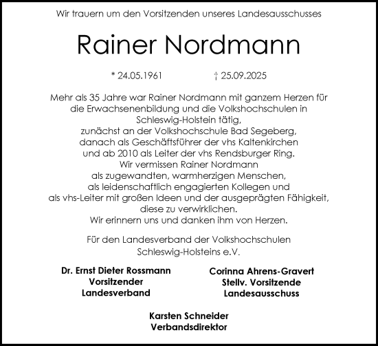 Traueranzeige von Rainer Nordmann von Schleswig-Holsteinische Landeszeitung