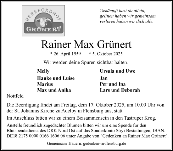 Traueranzeige von Rainer Max Grünert von Flensburger Tageblatt, Schleswiger Nachrichten, Schlei-Bote