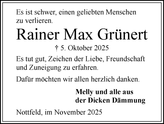 Traueranzeige von Rainer Max Grünert von Flensburger Tageblatt, Schleswiger Nachrichten, Schlei-Bote