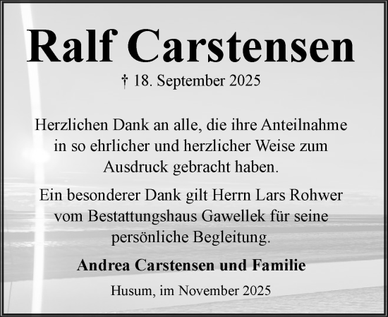 Traueranzeige von Ralf Carstensen von Husumer Nachrichten, Nordfriesland Tageblatt