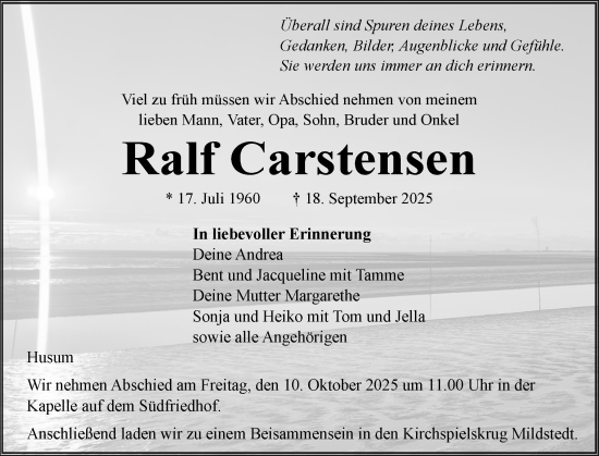 Traueranzeige von Ralf Carstensen von Husumer Nachrichten, Nordfriesland Tageblatt