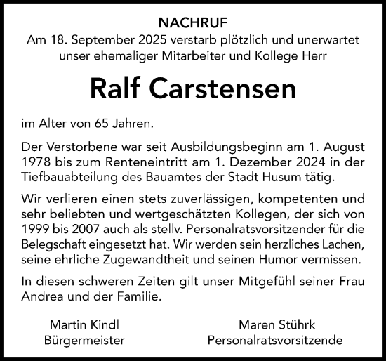 Traueranzeige von Ralf Carstensen von Die WochenSchau Nordfriesland