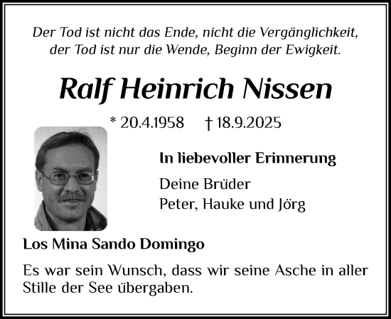 Traueranzeige von Ralf Heinrich Nissen von Husumer Nachrichten, Nordfriesland Tageblatt