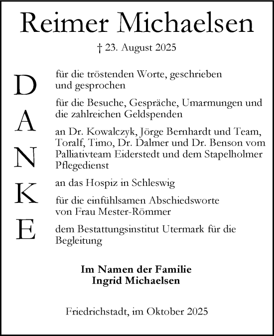 Traueranzeige von Reimer Michaelsen von Husumer Nachrichten, Nordfriesland Tageblatt