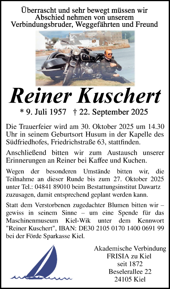  Traueranzeige für Reiner Kuschert vom 18.10.2025 aus Region Flensburg