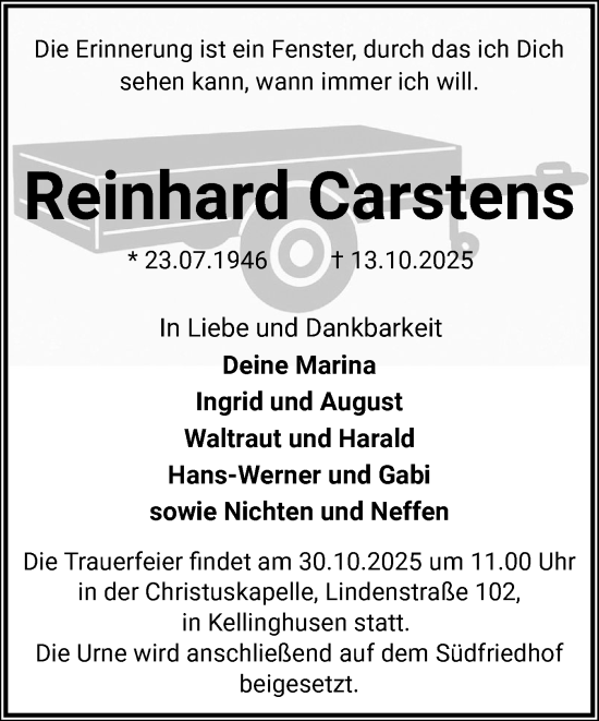 Traueranzeige von Reinhard Carstens von Norddeutsche Rundschau, Wilstersche Zeitung, Glückstädter Fortuna