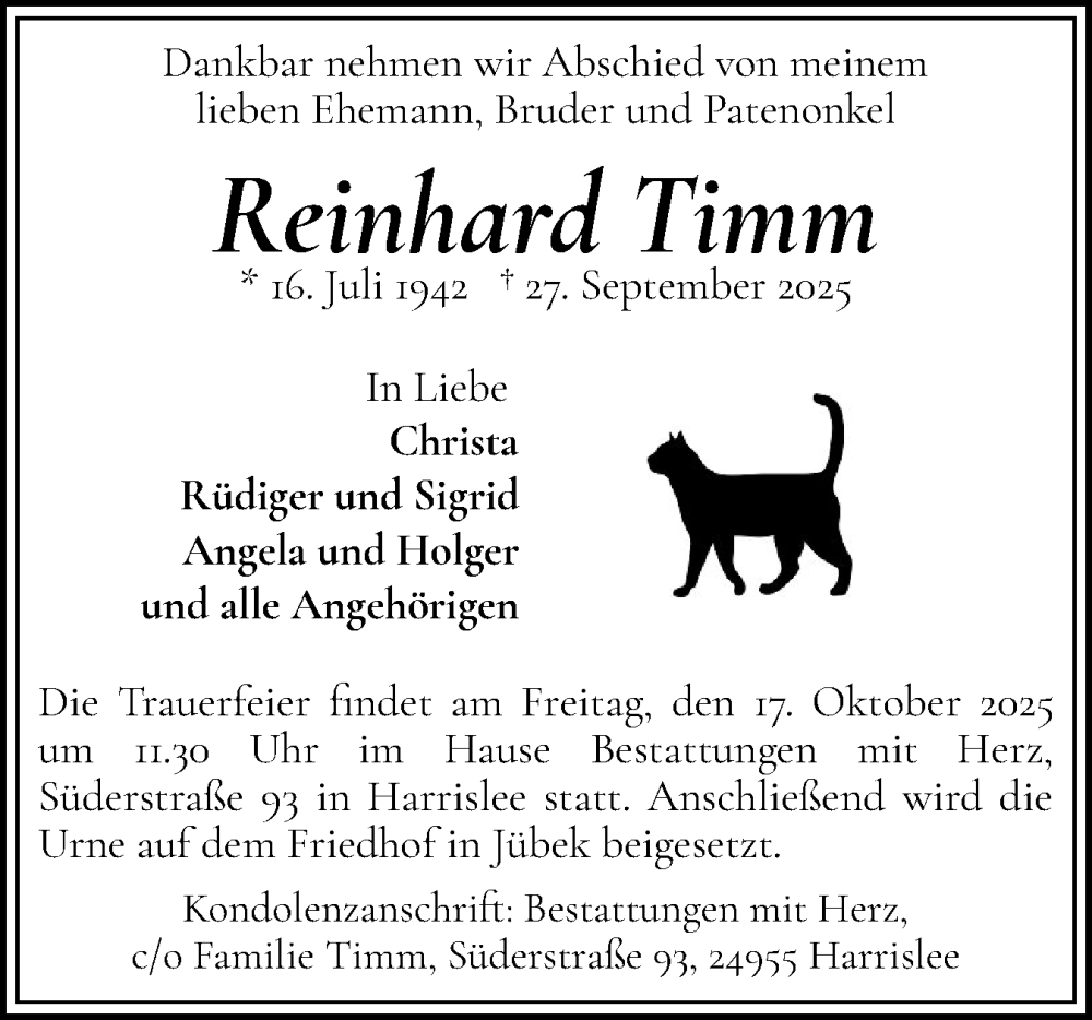 Traueranzeige für Reinhard Timm vom 11.10.2025 aus Schleswiger Nachrichten, Schlei-Bote