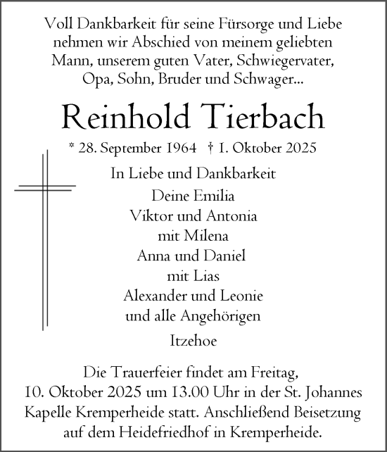 Traueranzeige von Reinhold Tierbach von Norddeutsche Rundschau, Wilstersche Zeitung, Glückstädter Fortuna