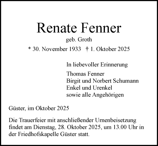 Traueranzeige von Renate Fenner von Wochenend Anzeiger