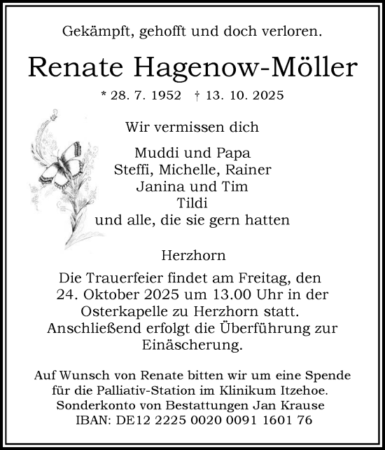 Traueranzeige von Renate Hagenow-Möller von Norddeutsche Rundschau, Wilstersche Zeitung, Glückstädter Fortuna