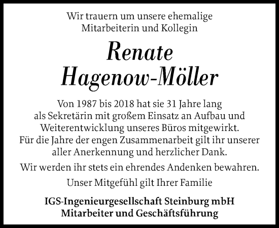 Traueranzeige von Renate Hagenow-Möller von Norddeutsche Rundschau, Wilstersche Zeitung, Glückstädter Fortuna