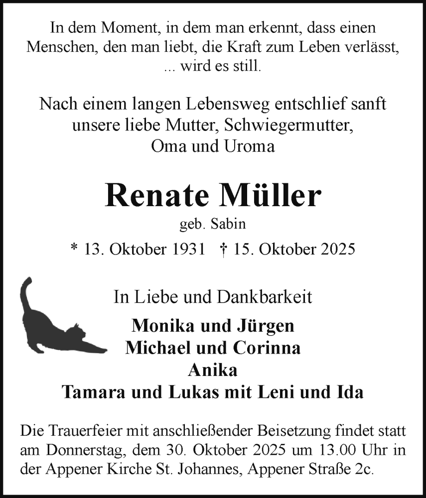  Traueranzeige für Renate Müller vom 25.10.2025 aus Region Pinneberg und tip Pinneberg
