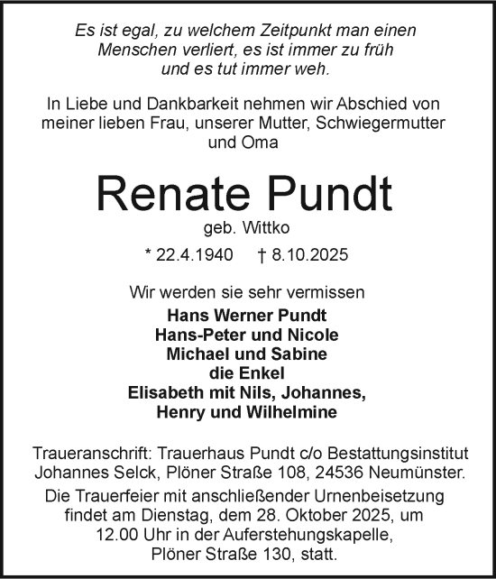 Traueranzeige von Renate Pundt von Holsteinischer Courier